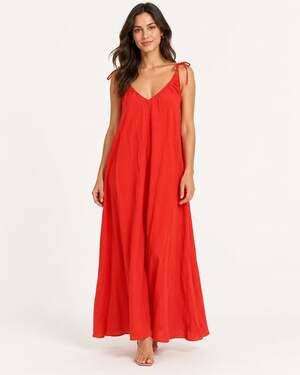 H&M Womens XS Red Maxi Dress Tie Shoulder Straps V Neck Flowy Summer NWT